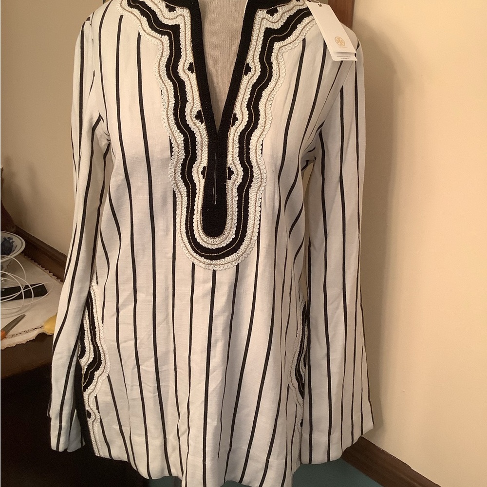 Tory Burch V Neck Striped Embroidered Pullover Top 0
